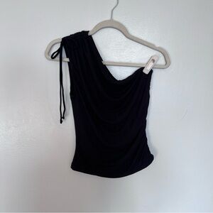 NLT black one shoulder top with side ruching and tie detail